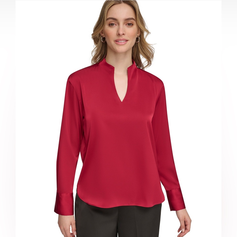 Calvin Klein Long Sleeve Vneck Blouse || Burgundy || XL